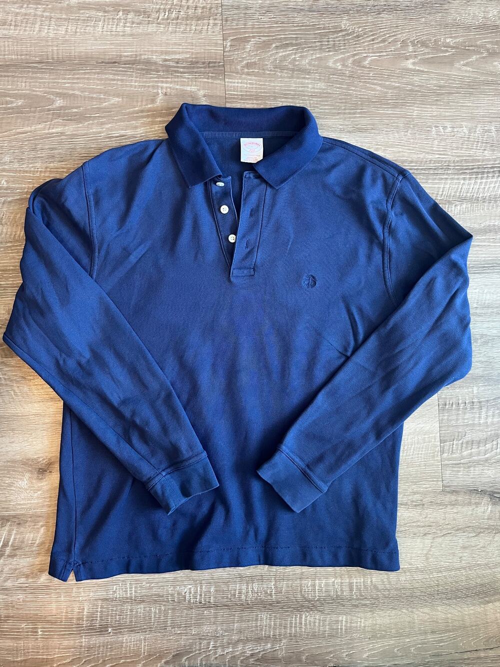 Brooks Brothers Navy Long Sleeve Polo Shirt Cotton Pique Three Button